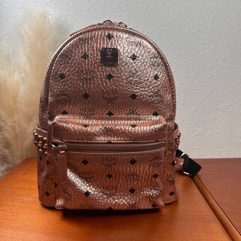 MCM Visetos Leather Pink Gold Studded Backpack